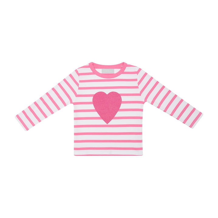 Bob & Blossom Hot Pink & White Breton Striped Love Heart T Shirt